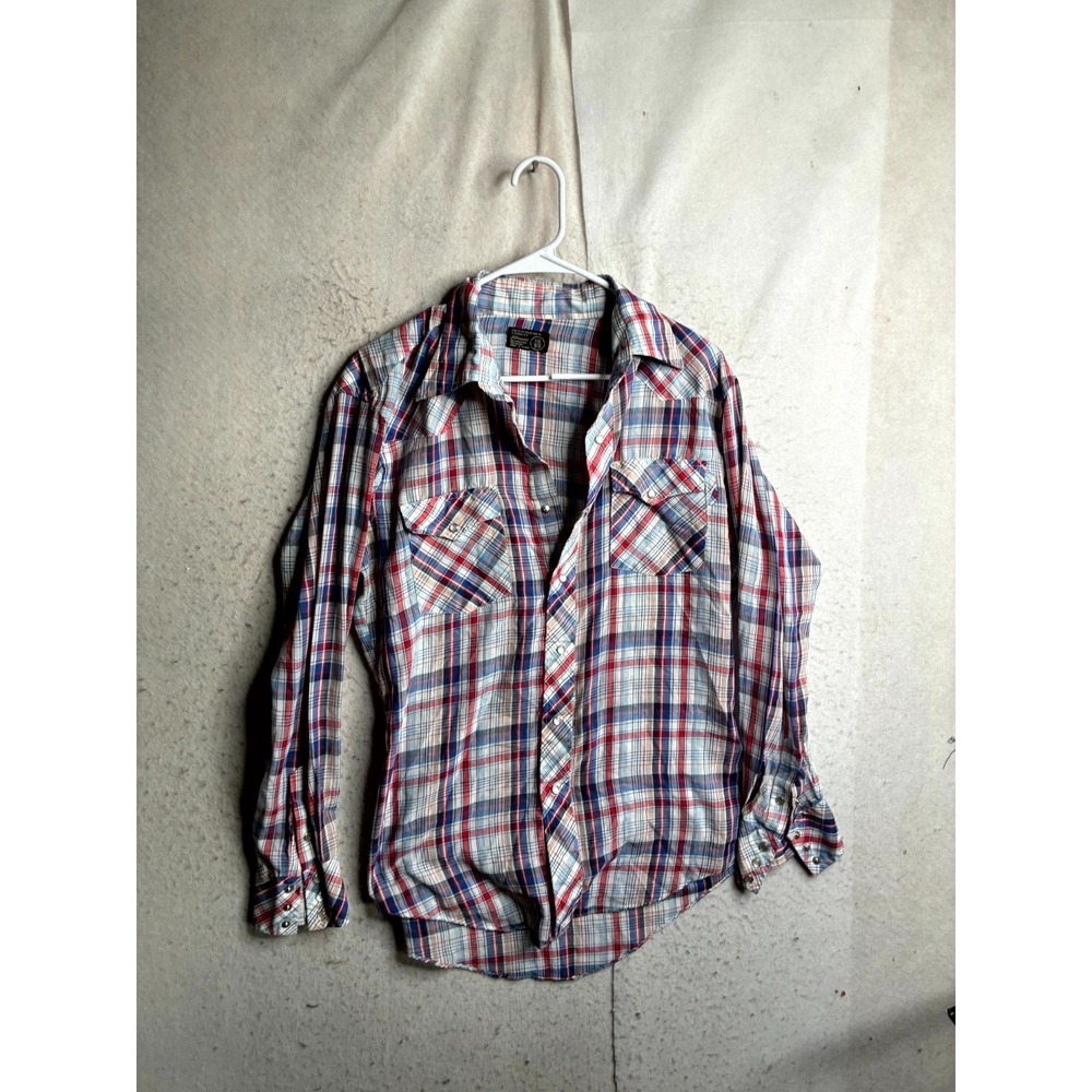 VTG JCPenney Western Dress Shirt Mens 16/33 Multi Plaid Long Sleeve Pearl Snap